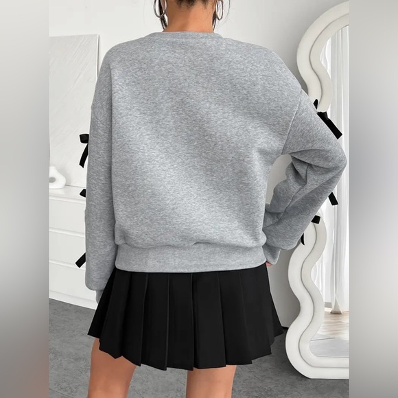 Bow Sleeve Sweatshirt Cozy Gray Roundneck Pullover Ribbon Sweatshirt Top - Picture 2 of 4